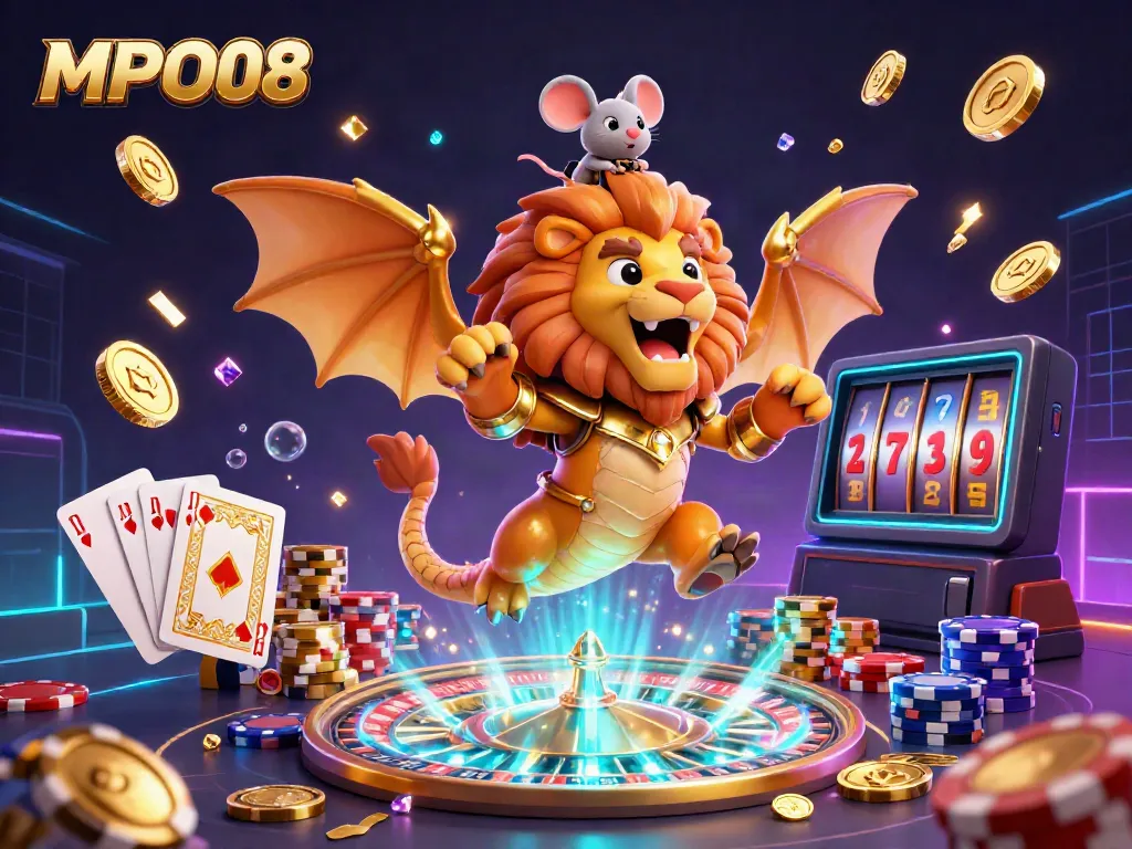 Experience the thrilling MPO08 online casino with an epic chimera and mouse jockey bursting with coins and gems.