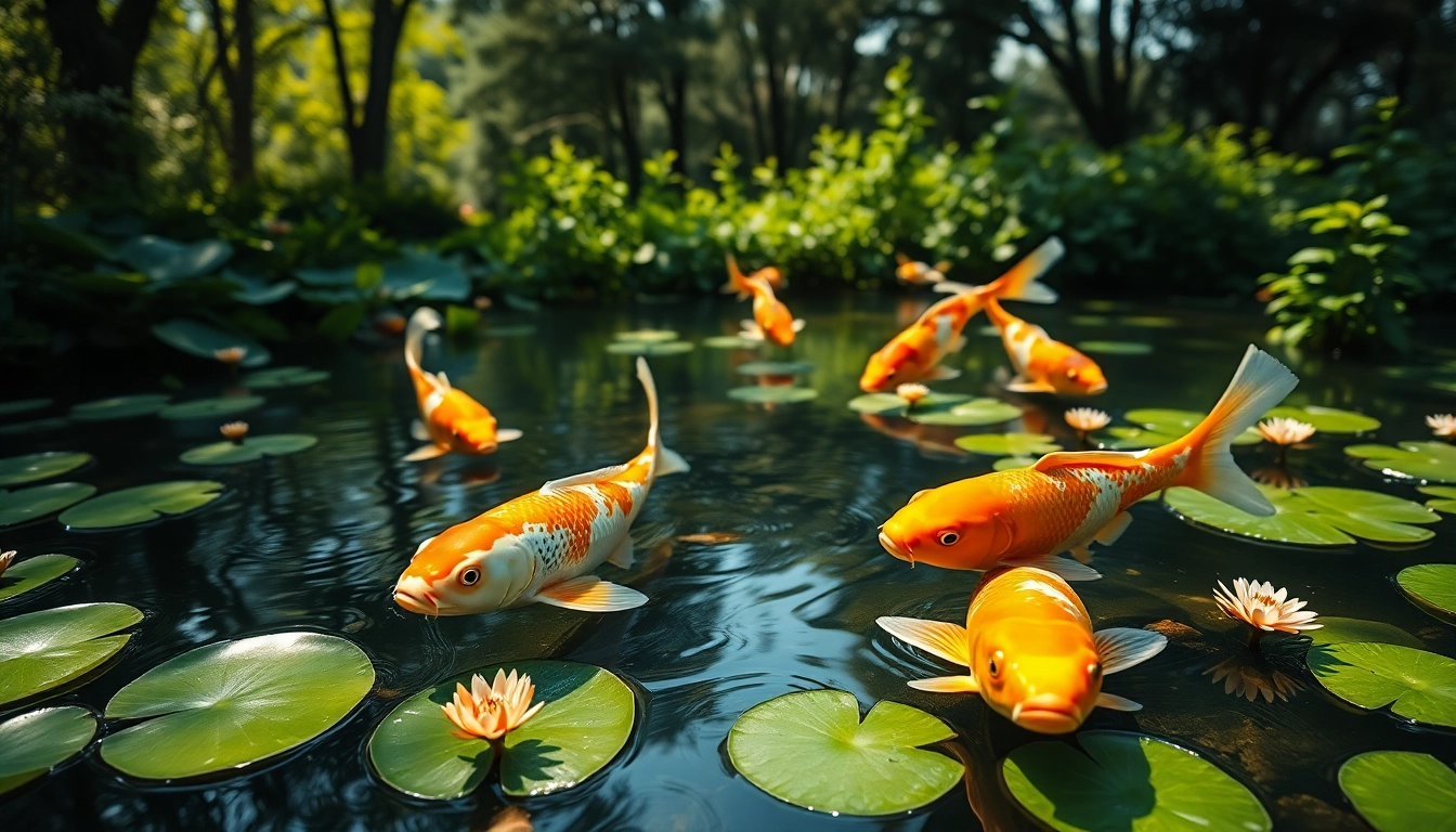 Menyaksikan koi toto yang indah berenang di kolam tenang dikelilingi oleh tanaman hijau.