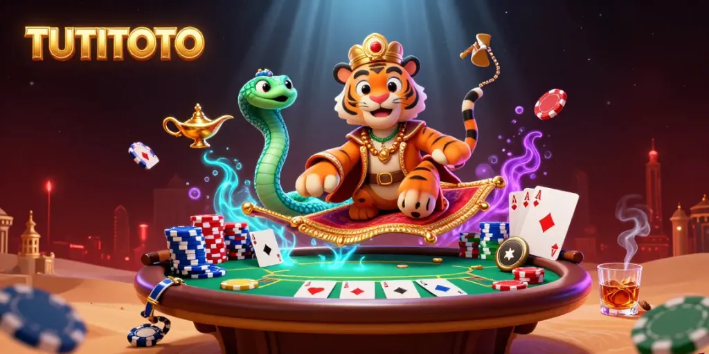 TUTITOTO's vibrant Arabian Nights-themed illustration showcases thrilling gambling action with characters and poker elements.