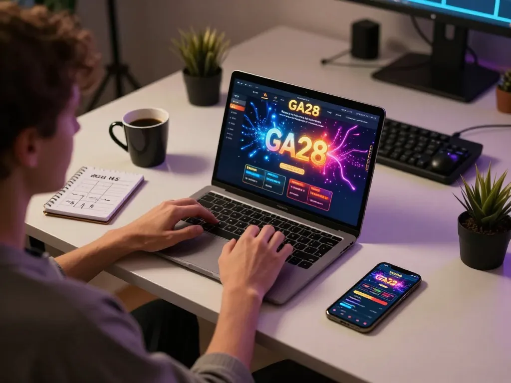 Player engaging with GA28 online casino interface on laptop, showcasing strategic gameplay experience.