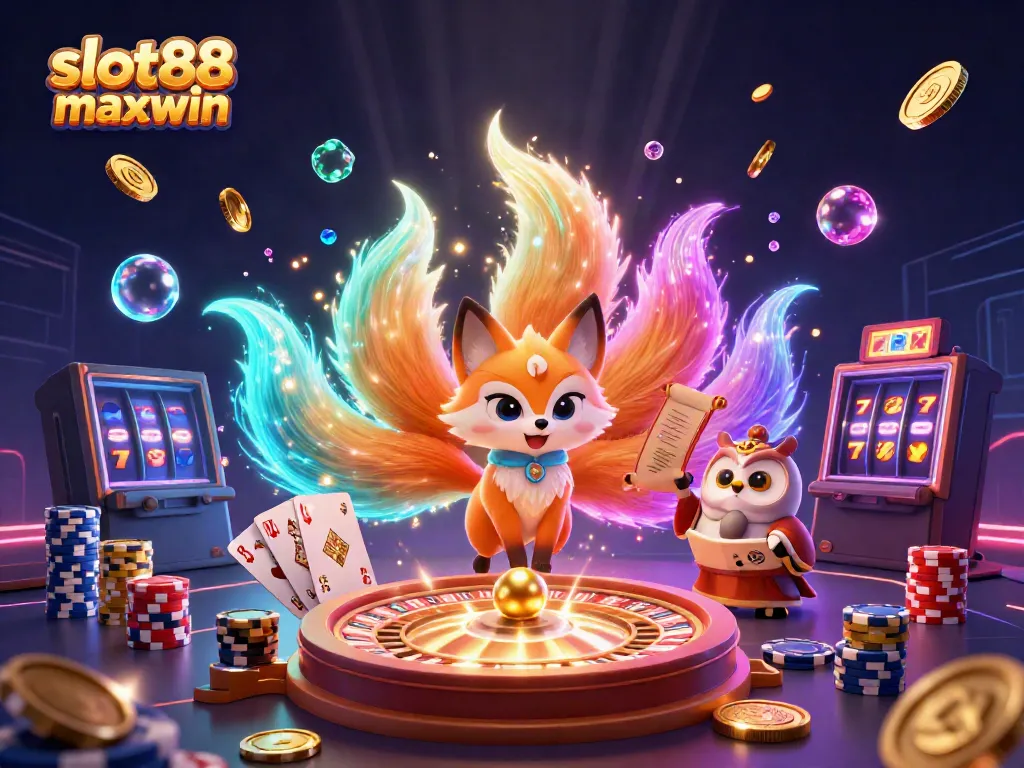 Experience the thrilling slot88 maxwin with a magical fox spirit and owl in a lively casino scene.