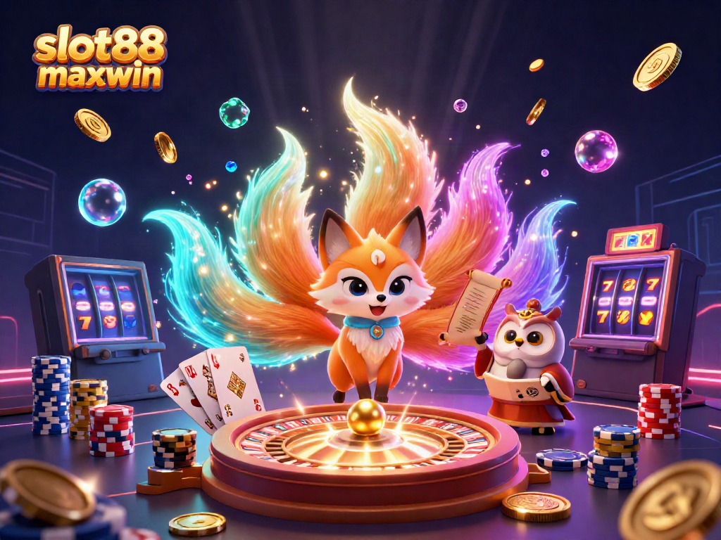 Experience the thrilling slot88 maxwin with a magical fox spirit and owl in a lively casino scene.