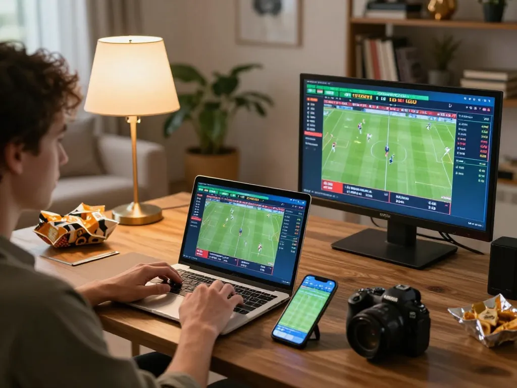 Engaging in kerajaanslot sports betting at home using laptop and smartphone for real-time odds.