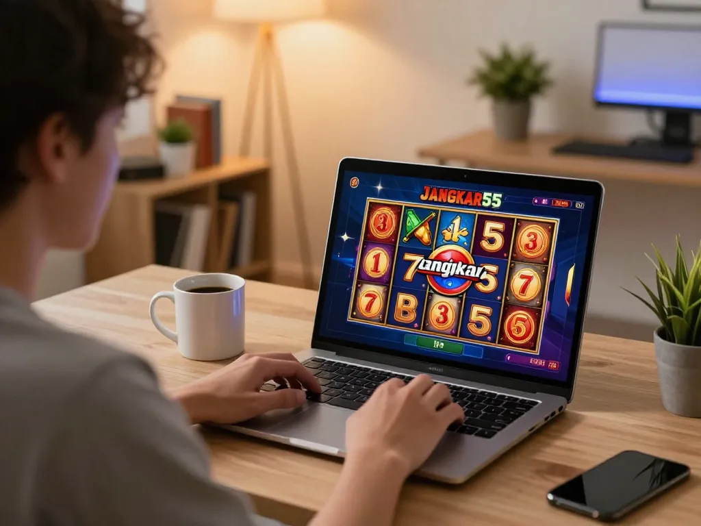 Engaging in a thrilling slot game on jangkar55 platform, showcasing a colorful online gaming experience.