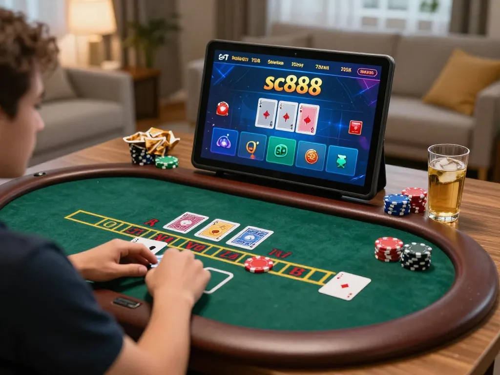 Player enjoying live dealer blackjack on tablet at home while using sc888 for betting.