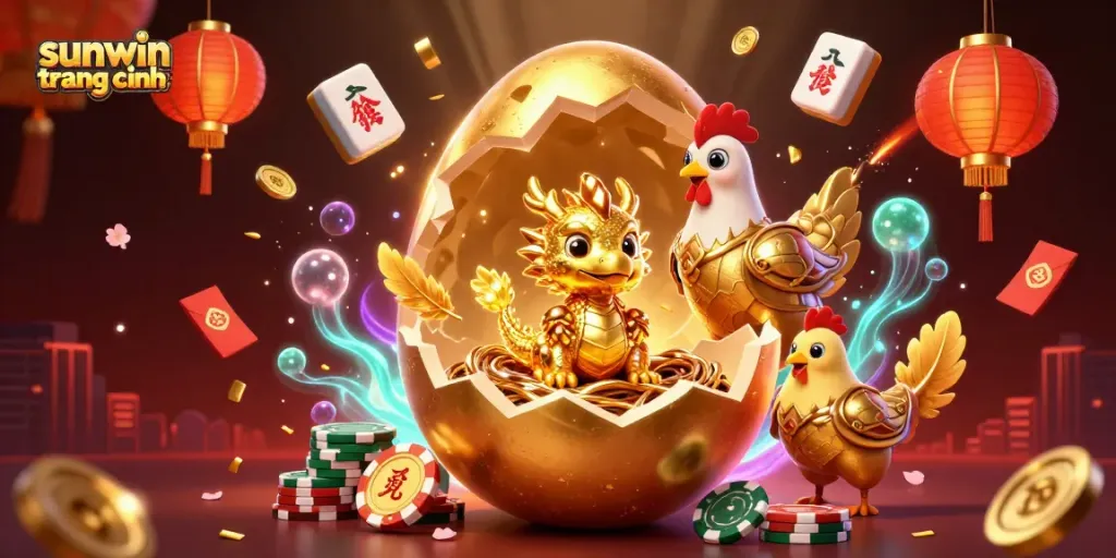 Experience winning moments at sunwin trang chính with rich illustrations of golden treasures and lively gaming elements.
