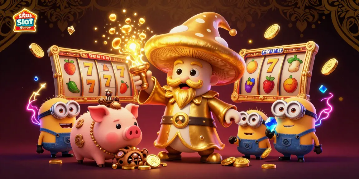 Play exhilarating 'situs slot gacor' games featuring golden mushroom wizard and dynamic slot elements with treasures.