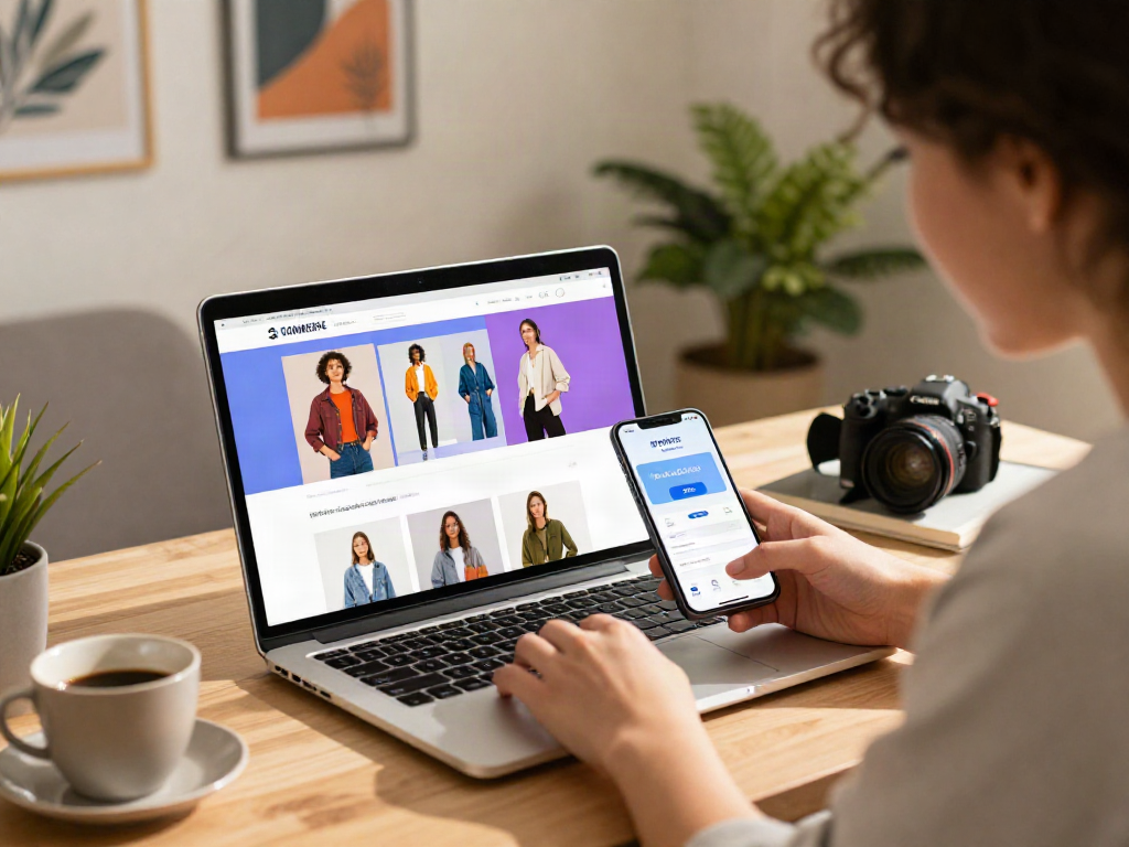 Young adult online shopping for fashion items using bro138 link alternatif on a stylish laptop.