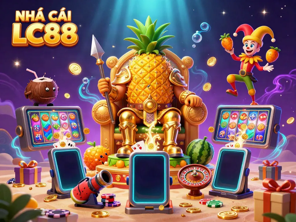 Experience excitement at NHÀ CÁI LC88 with a colorful beach casino scene featuring a pineapple king and joyful game elements.