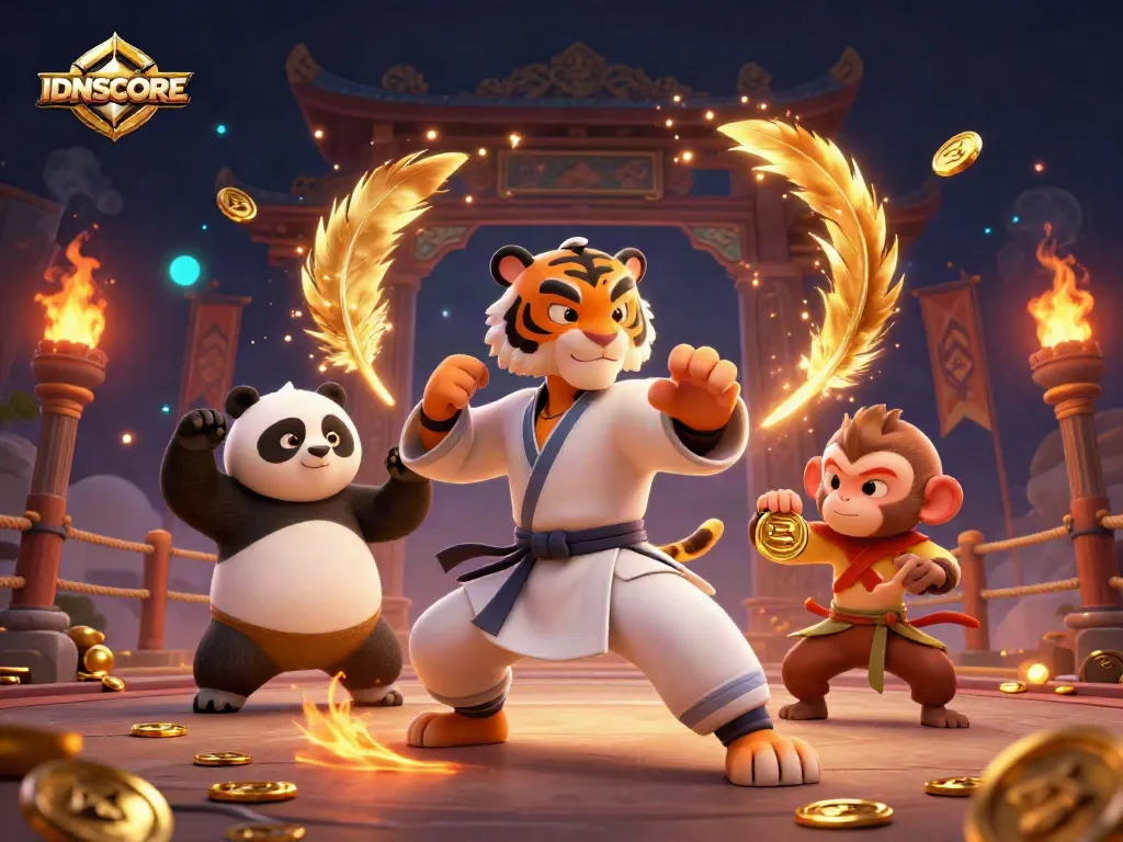 IDNSCORE highlights a thrilling betting scene with a kung fu tiger master and golden medals.