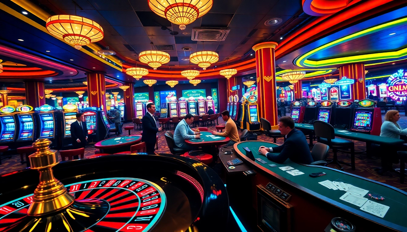 Situs 11 gaming floor with players at roulette and blackjack tables, showcasing excitement and anticipation.