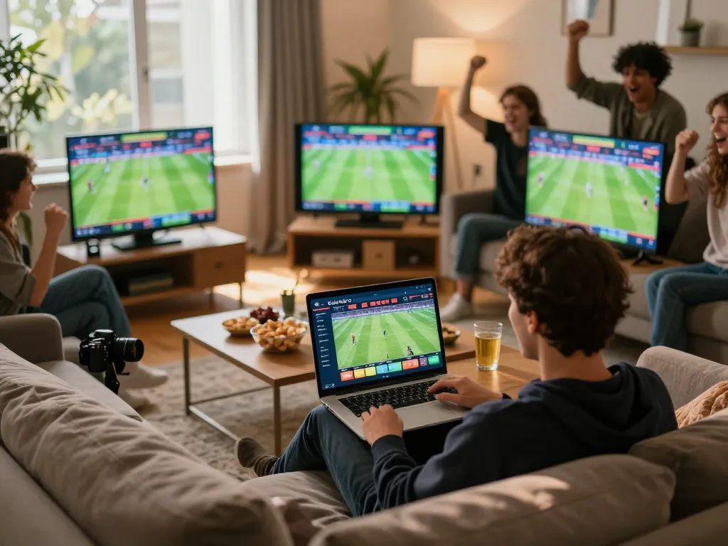 Cakhia tv sports betting scene featuring a person engaging with live matches on a laptop and friends cheering in the background