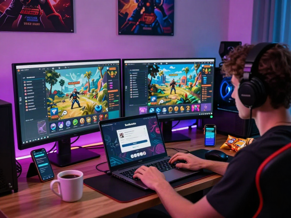 Engaging user in the Seributoto Login process at a vibrant gaming setup with dual monitors and colorful LED lights.