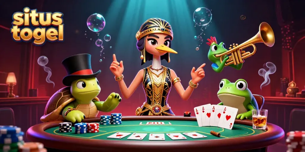 Permainan situs togel yang seru dan menarik dengan karakter kartun 3D dalam suasana kasino.
