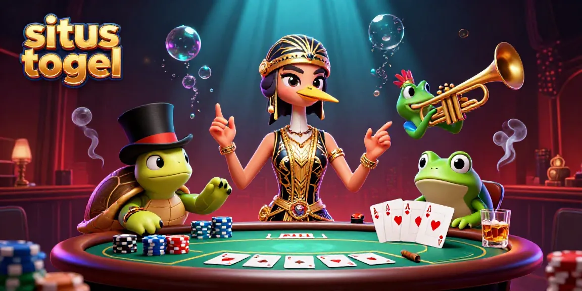 Permainan situs togel yang seru dan menarik dengan karakter kartun 3D dalam suasana kasino.