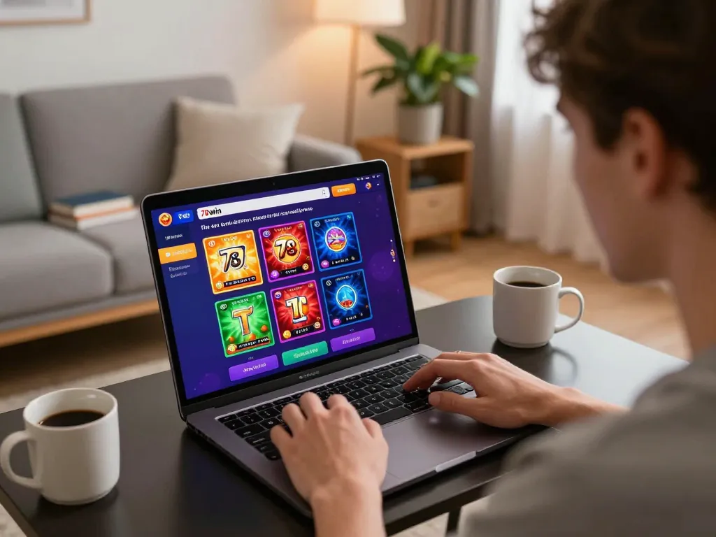 Engaging user playing on 78win online casino, showcasing interactive gaming experience in a cozy home setting