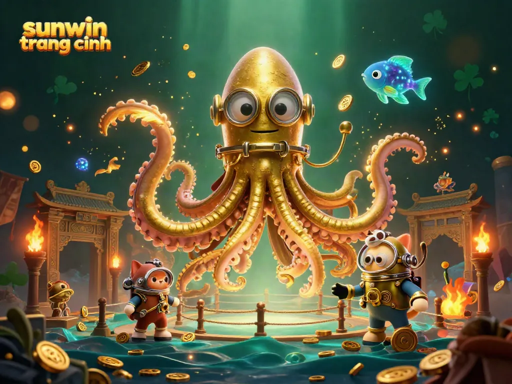 Experience the excitement at sunwin trang chính with a vibrant 3D illustration of a kraken and diving cat in a treasure-filled scene.
