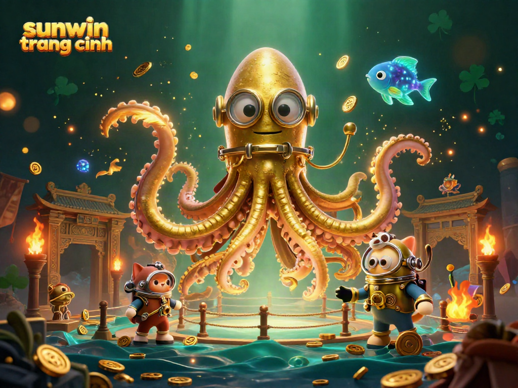 Experience the excitement at sunwin trang chính with a vibrant 3D illustration of a kraken and diving cat in a treasure-filled scene.