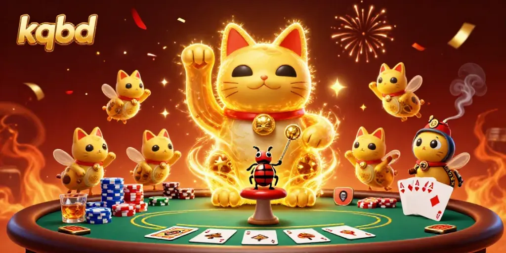 Experience the thrill of kqbd as a lucky cat made of fireflies waves amidst dynamic casino symbols.