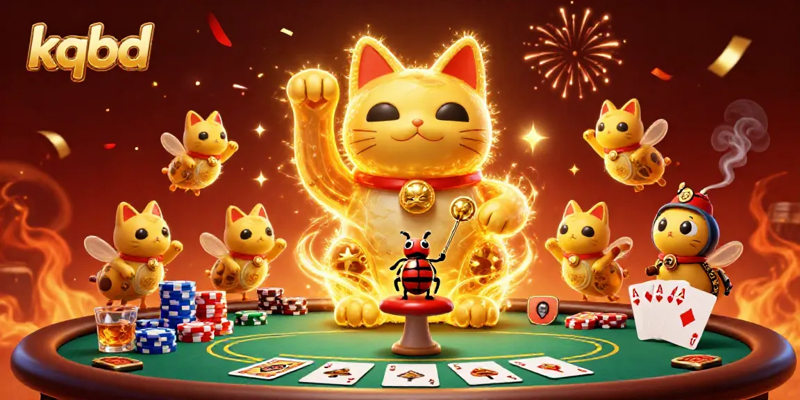 Experience the thrill of kqbd as a lucky cat made of fireflies waves amidst dynamic casino symbols.