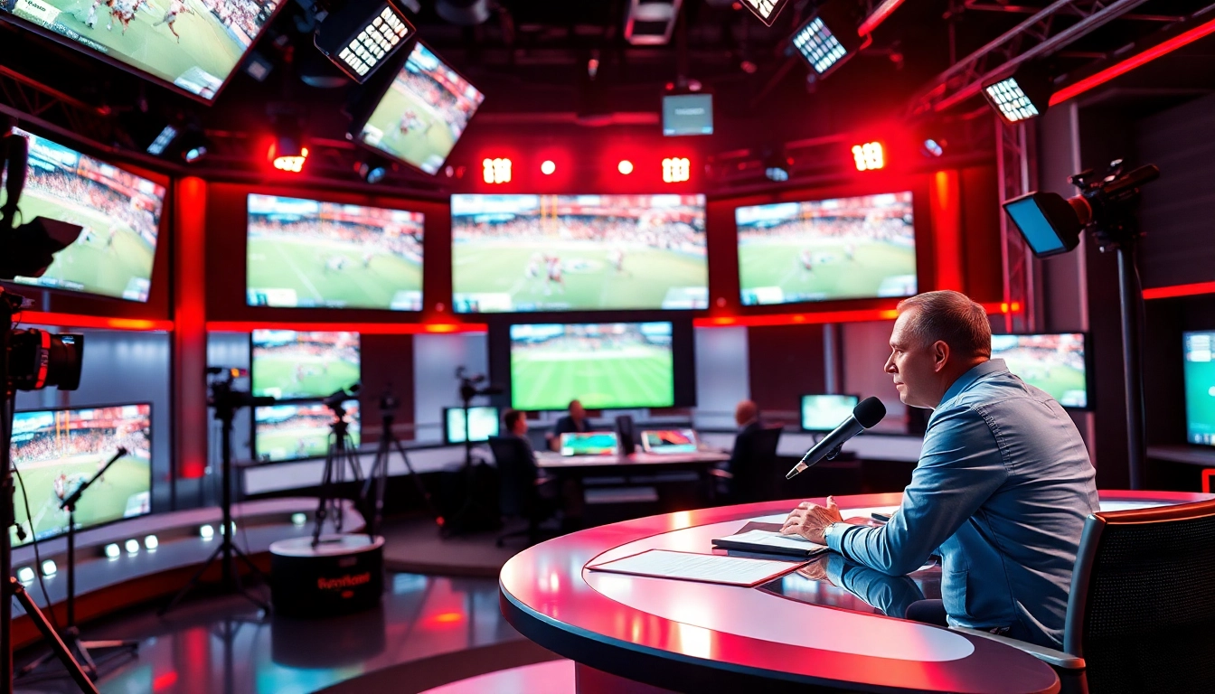 Dynamic sports broadcasting studio showcasing live analysis with vibrant colors.