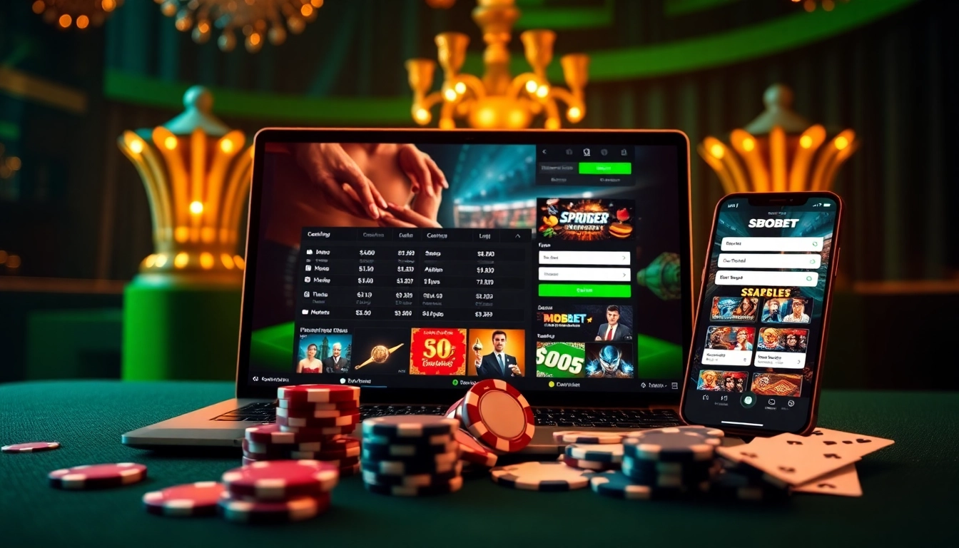 Sbobet login terbaru interface with high-stakes betting excitement, showcasing online gambling elements.
