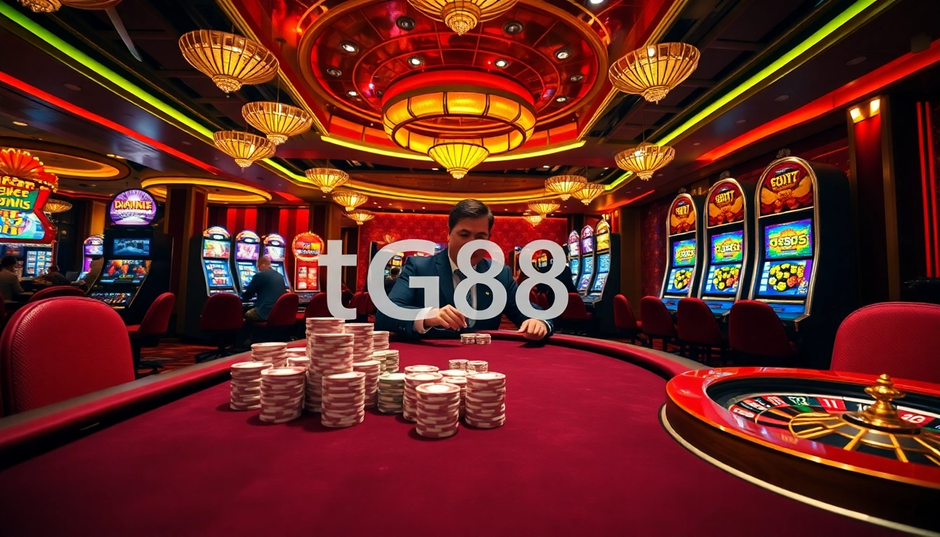 Gamblers enjoy a thrilling poker game at TG88 casino, showcasing vibrant tables and luxurious decor.