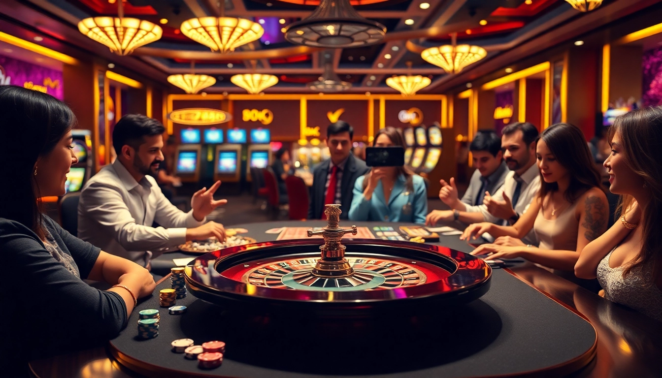 Gamblers enjoying an exciting game at the MM88-themed casino table with vibrant poker chips.
