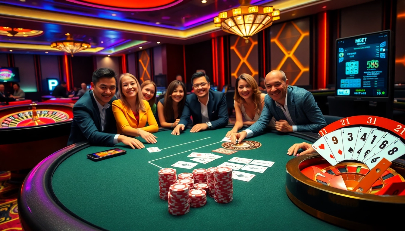 Players enjoying a thrilling game at Dominoqiu's stylish poker table, surrounded by vibrant casino elements.