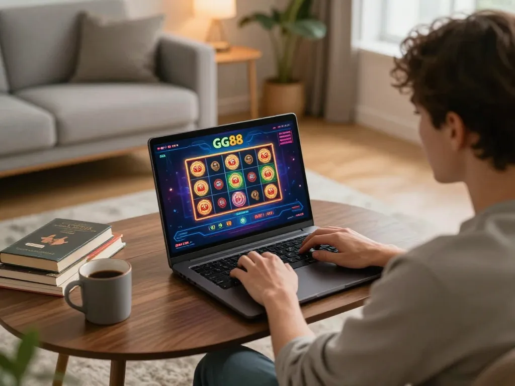 Person engaged in GG88 online casino gaming, showcasing colorful slot game interface on laptop