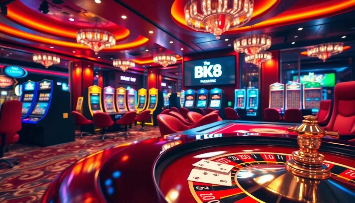 BK8 đăng nhập experience at a vibrant casino with roulette and poker tables, showcasing excitement.