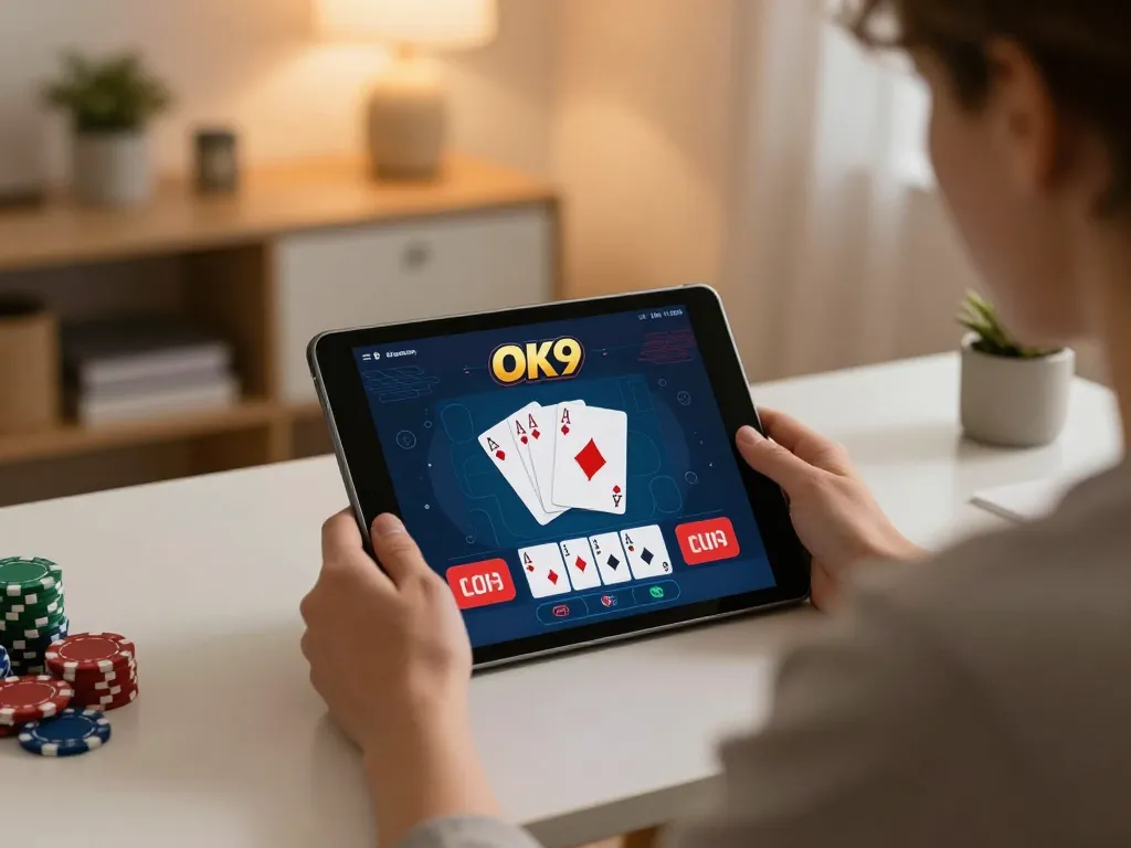 Player enjoying online gaming on the OK9 app, showcasing poker strategies in a comfortable home setting.