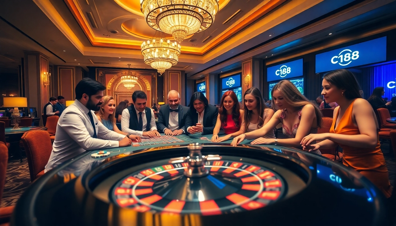 Players enjoying a thrilling roulette game at C 168 casino, showcasing excitement and luxury.