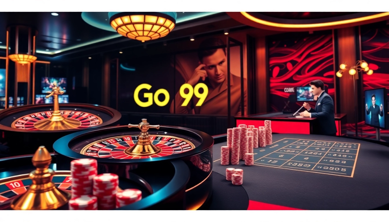 Engaging live dealer casino experience with Go 99 branding, colorful poker chips, and roulette action.