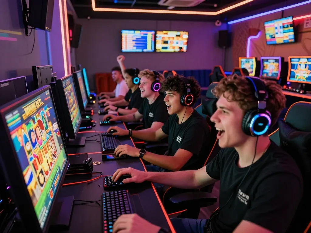 Players enjoying a thrilling gaming experience at vegasslot77.com with vibrant graphics and an energetic atmosphere.