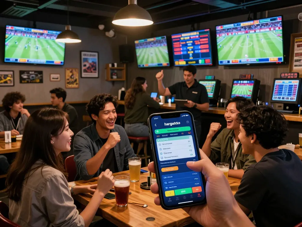 Patrons engaging in a thrilling sports betting experience with hargatoto app displayed on smartphone