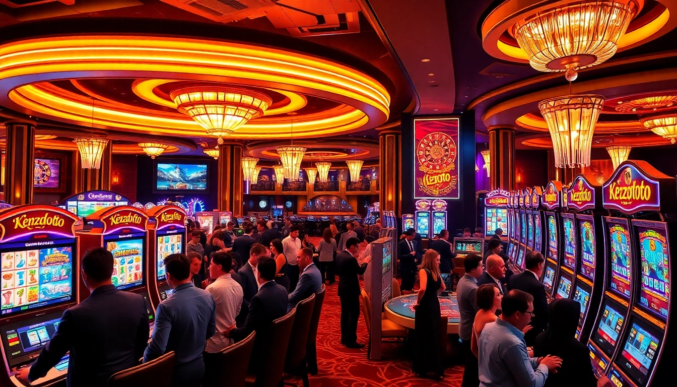 Kenzototo slot machines captivate players with vibrant graphics and thrilling gameplay in a glamorous casino setting.