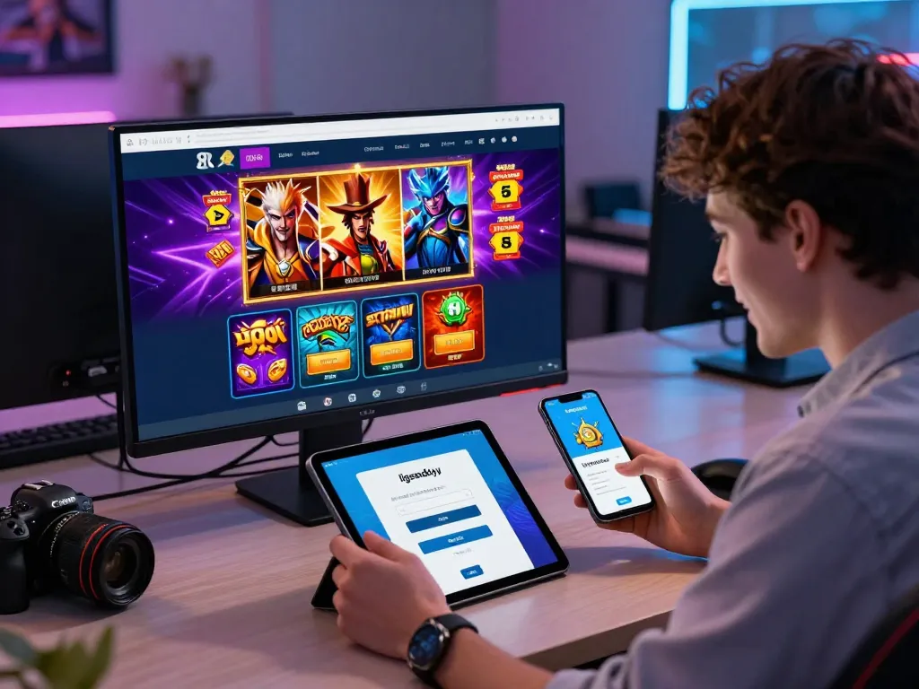 Engaged user accessing ligasedayu login on tablet, surrounded by gaming graphics and promotional banners.