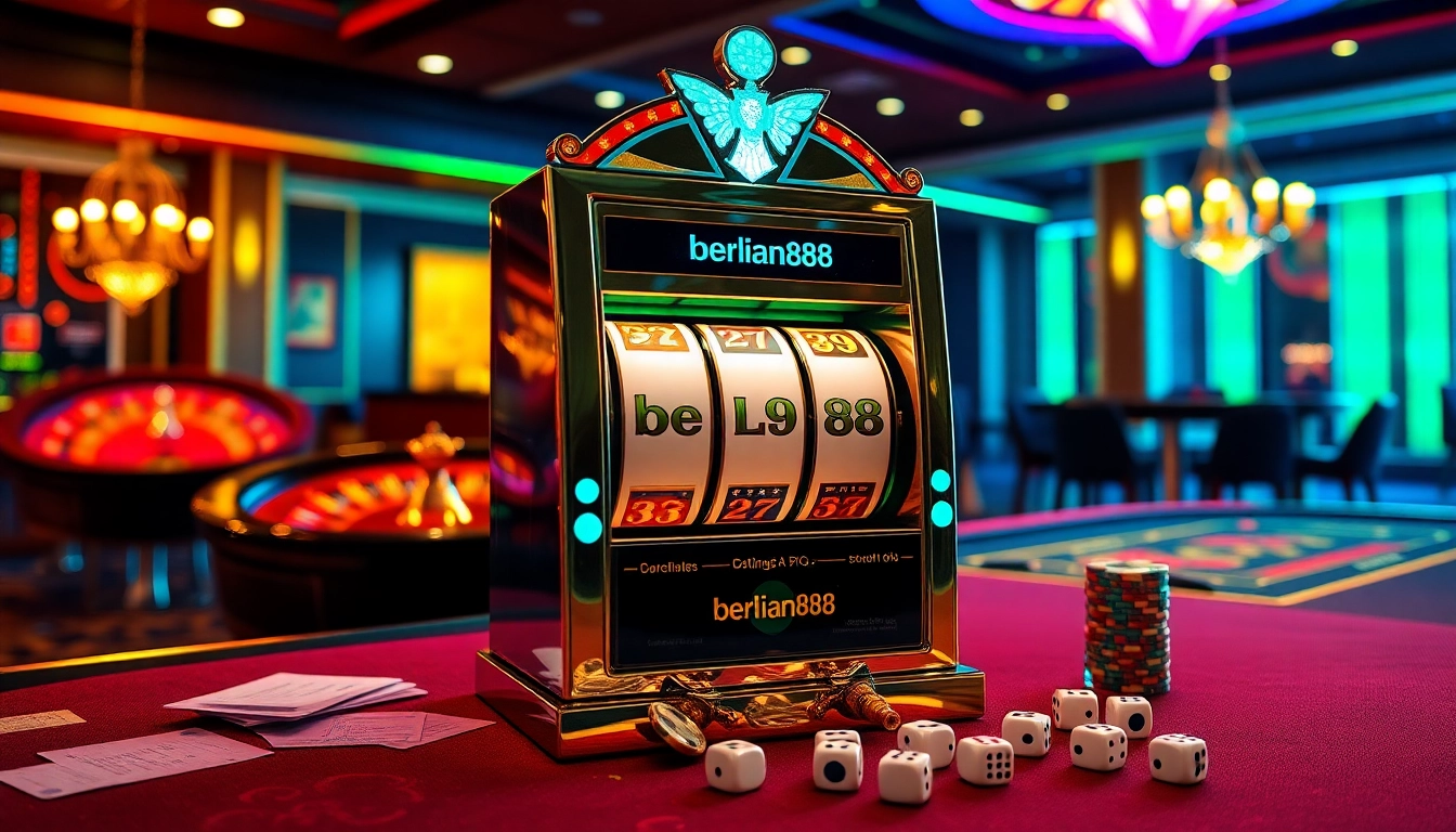 Berlian888 slot machine illuminated in a vibrant casino, showcasing excitement and luxury.