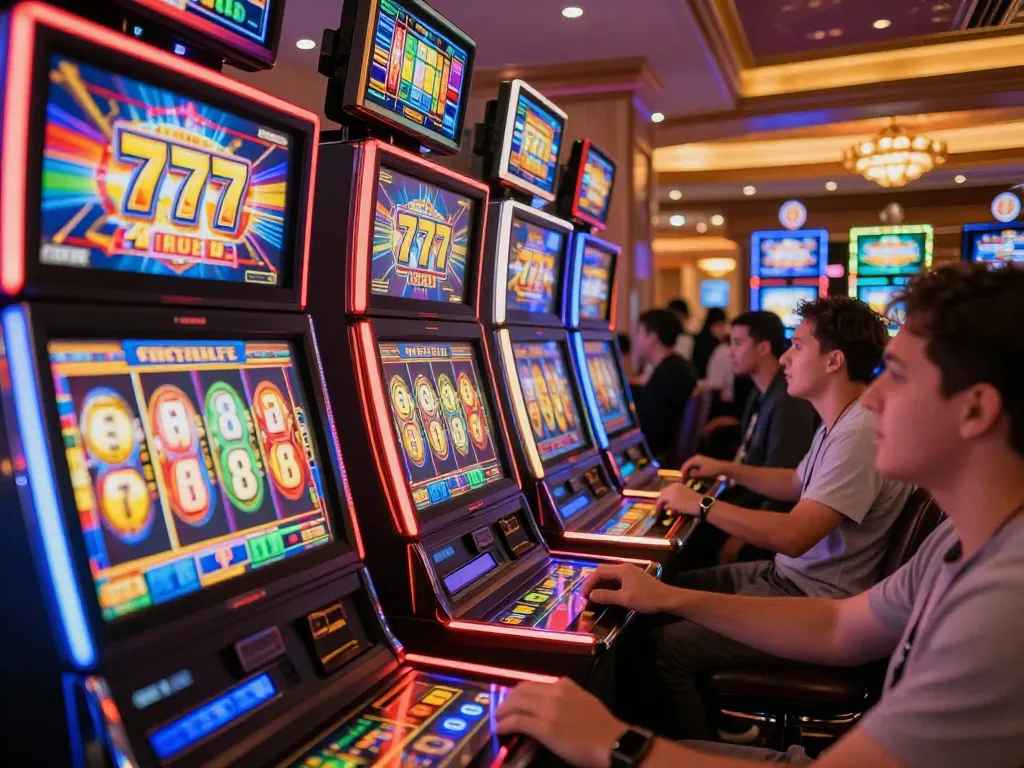Engaged players spinning slot777 machines, vibrant colors showing potential wins in a lively casino.