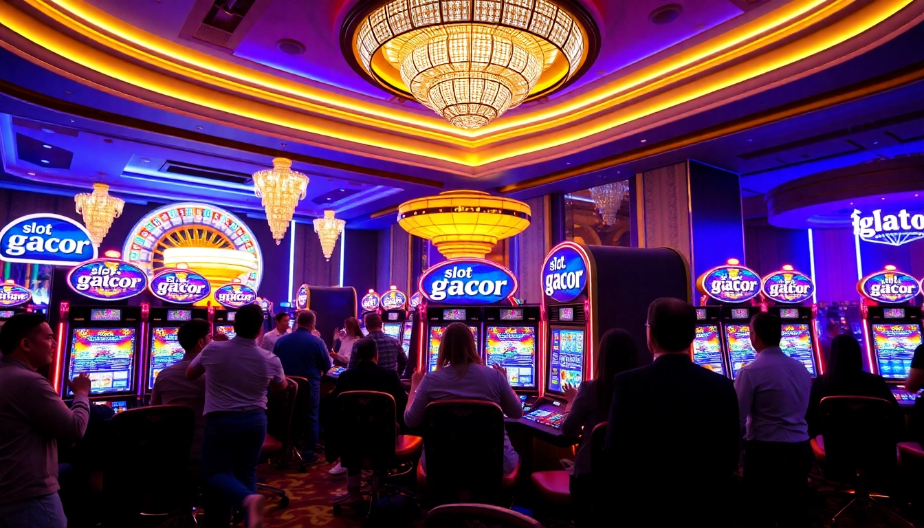 Excited players celebrating wins at slot gacor machines in a vibrant casino atmosphere.