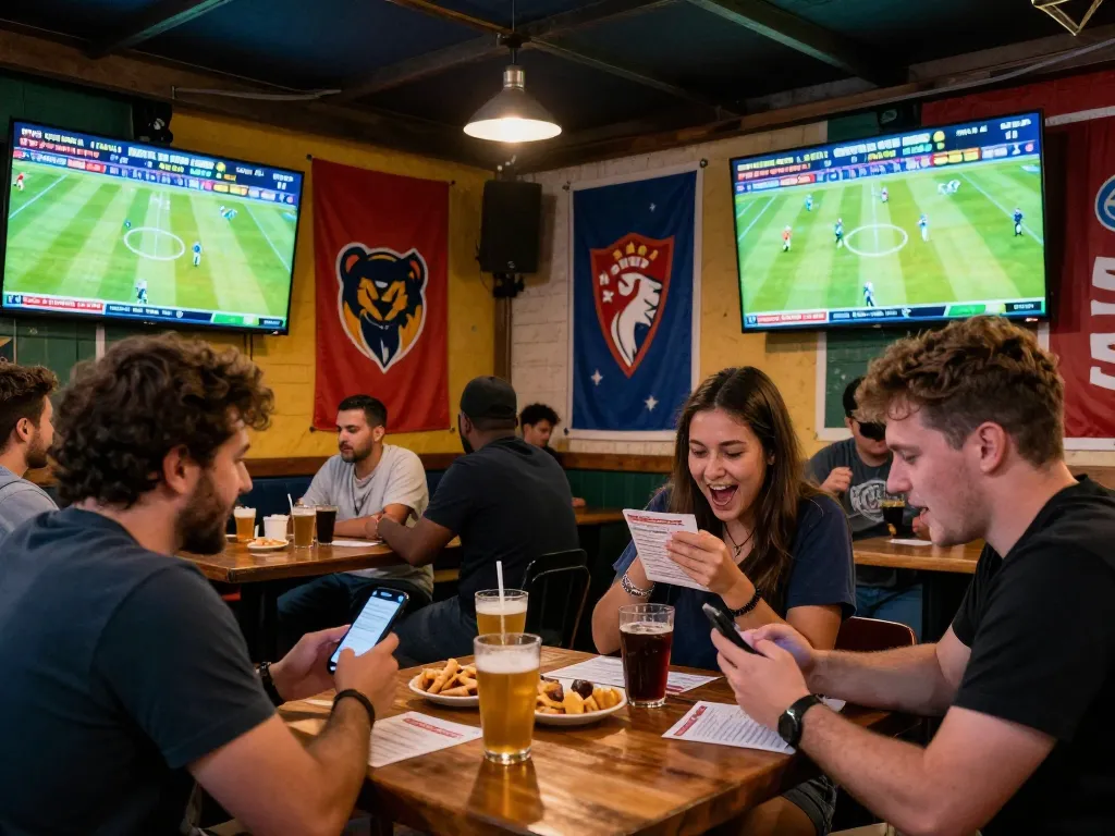 Patrons enjoying outdoor sports betting with excitement at a lively bar while checking keo nha cai updates.