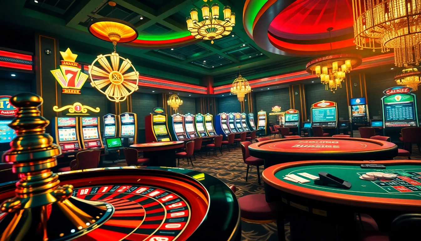 The vibrant atmosphere of a bustling casino with poker chips and a roulette wheel showcasing https://f168.vision/ winning opportunities.