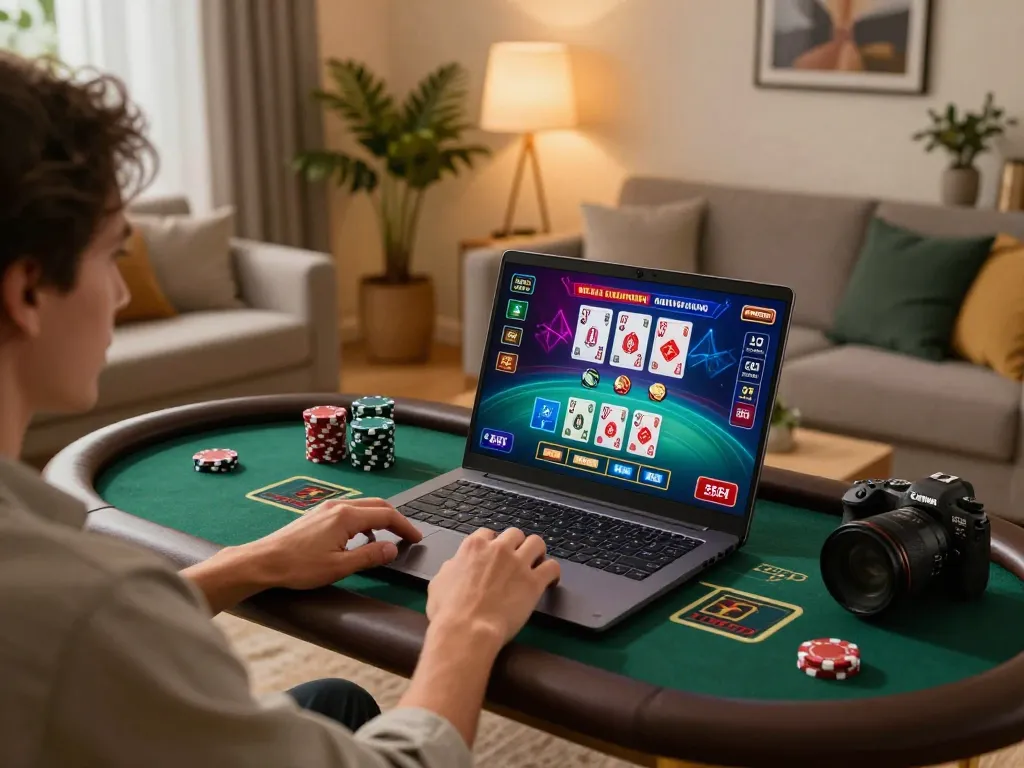 Player engaging in live dealer game at home, showcasing luckywinzdev online gaming experience.