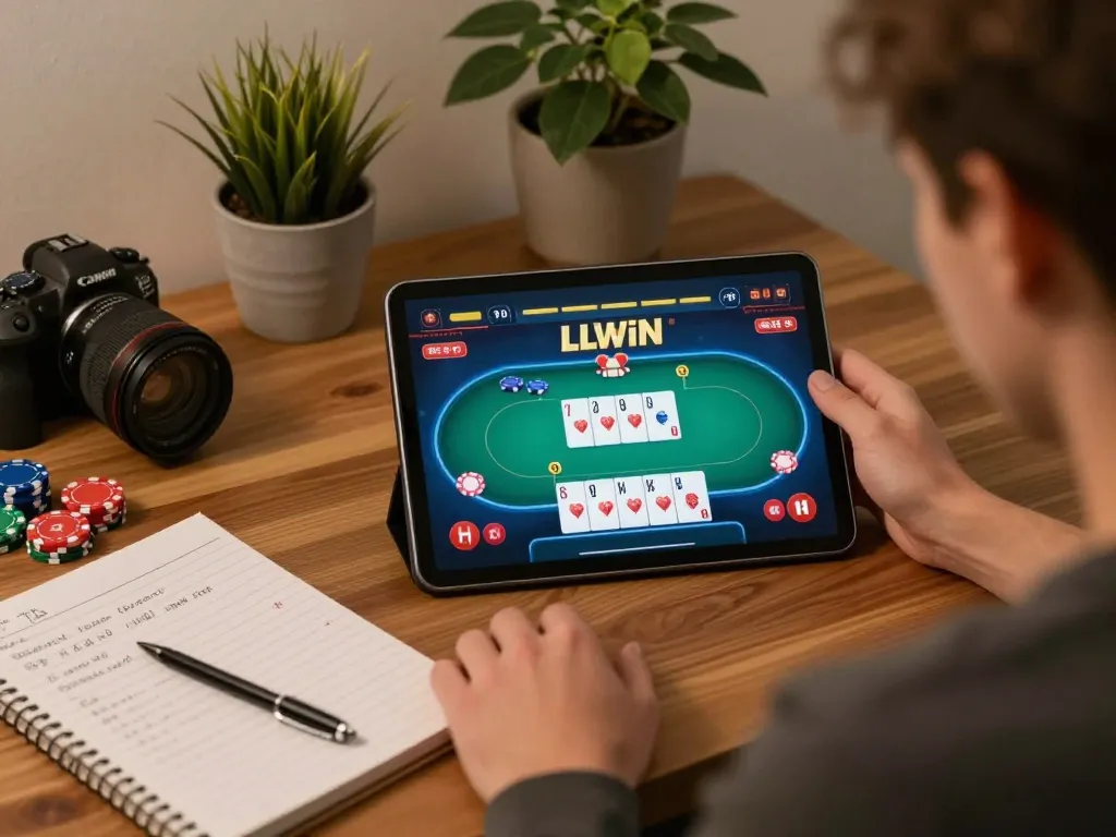 Player enjoying LLWIN's online poker game, emphasizing strategy and engagement