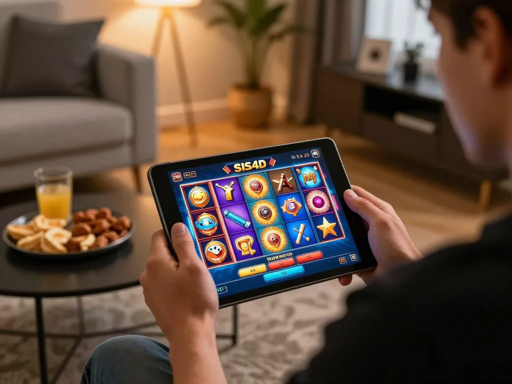 Engaging with SIS4D online slots on a tablet at home, showcasing gameplay excitement and responsible gaming.