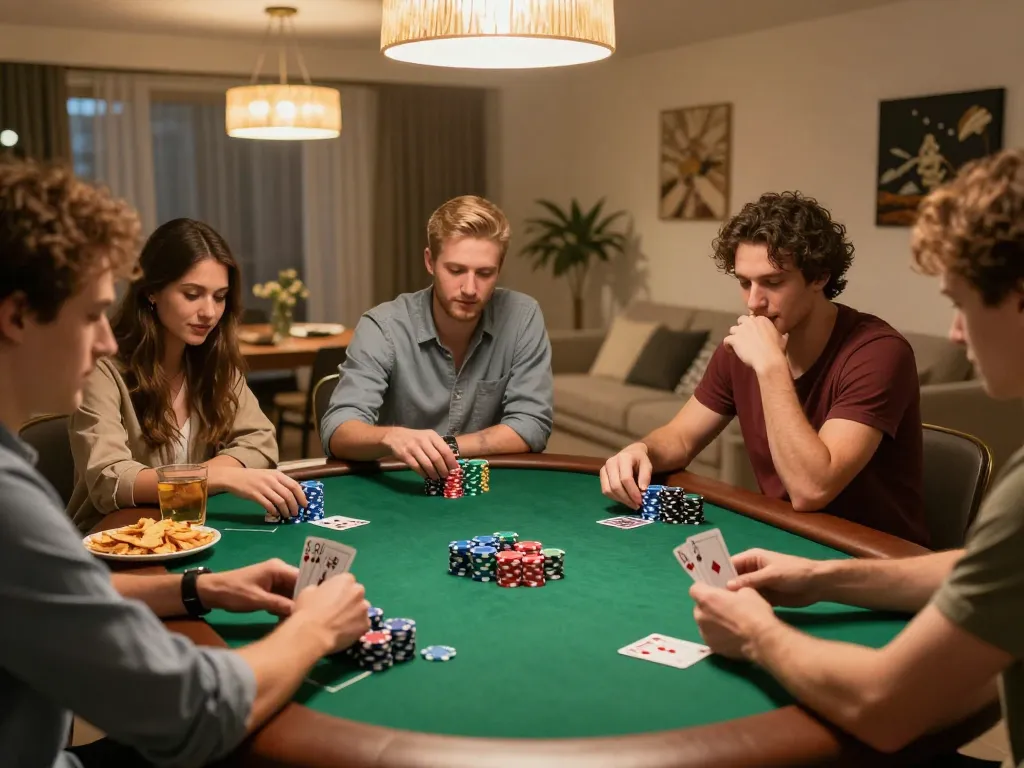 Friends enjoying a lively poker night at home, showcasing colorful chips and cards while engaging in friendly competition at 888new.
