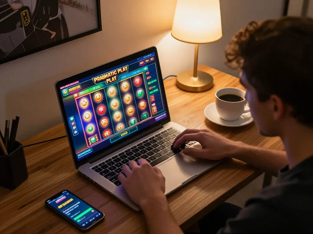 LIGALGO player spinning reels on an engaging Pragmatic Play slot from a cozy home setup.