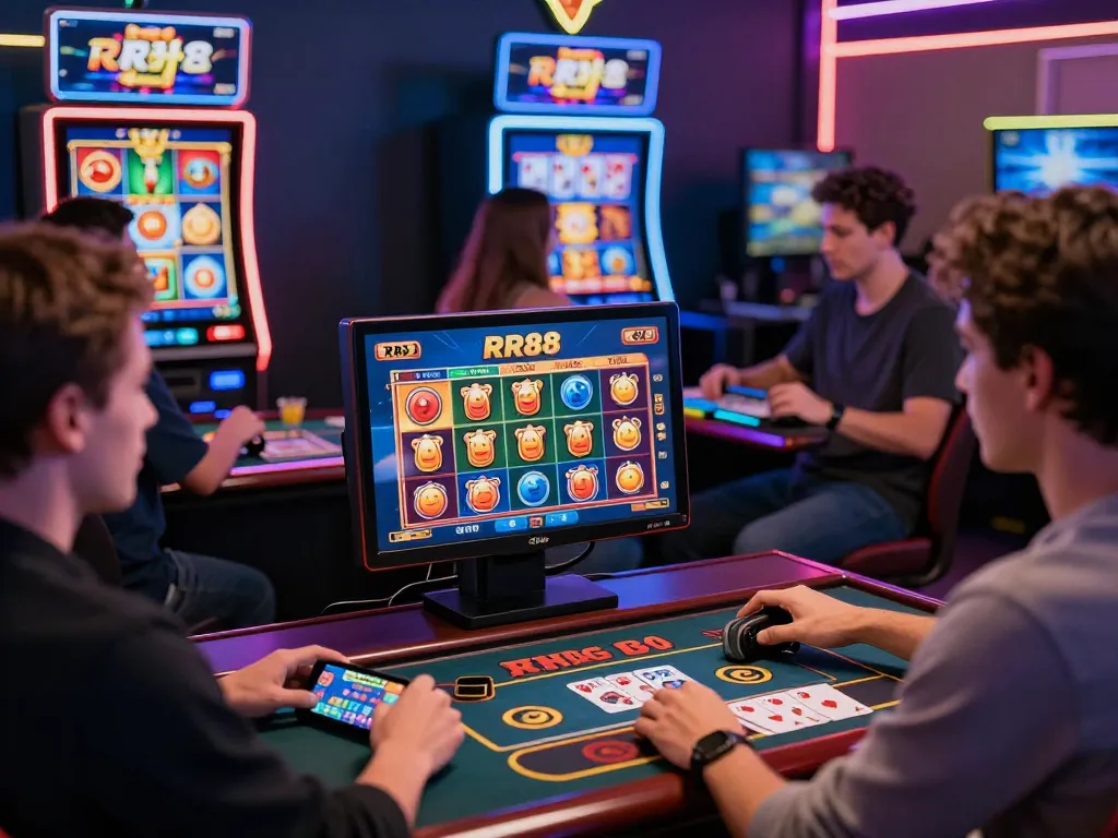 Enthusiastic players enjoying RR88 online casino gaming experience with vibrant graphics and modern design.