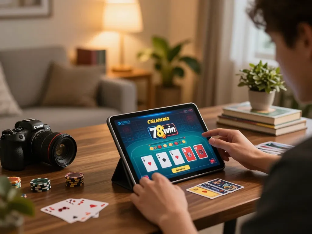 Engaging in online gambling on 78win with a tablet, showcasing a cozy home gaming environment